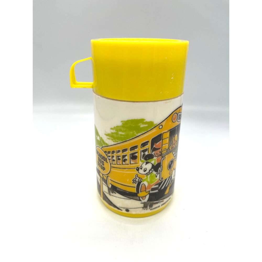 Vintage Aladdin Mickey Disney Plastic Thermos Thermo Bottle 8 oz School Bus USA